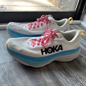 Hoka White and Blue Athletic Shoes with Modern Silhouette
